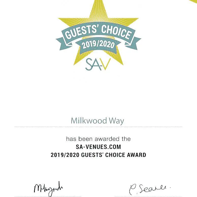 SA-Venues.com 2019/2020 Guests' Choice Award certificate presented to Milkwood Way.