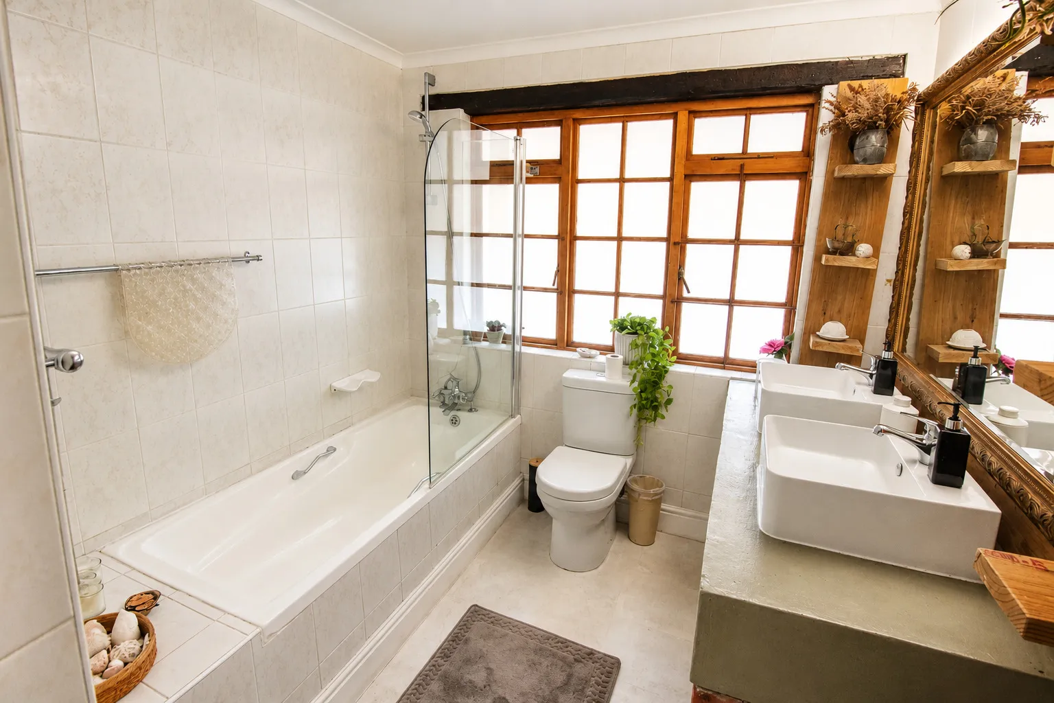 A second bathroom with a bath, separate shower and double vanity beneath a large sash window
